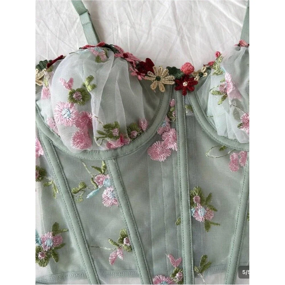 Womens Sheer Floral Embroidered Fairy Bustier Top Size S Coquette Festival Boho
